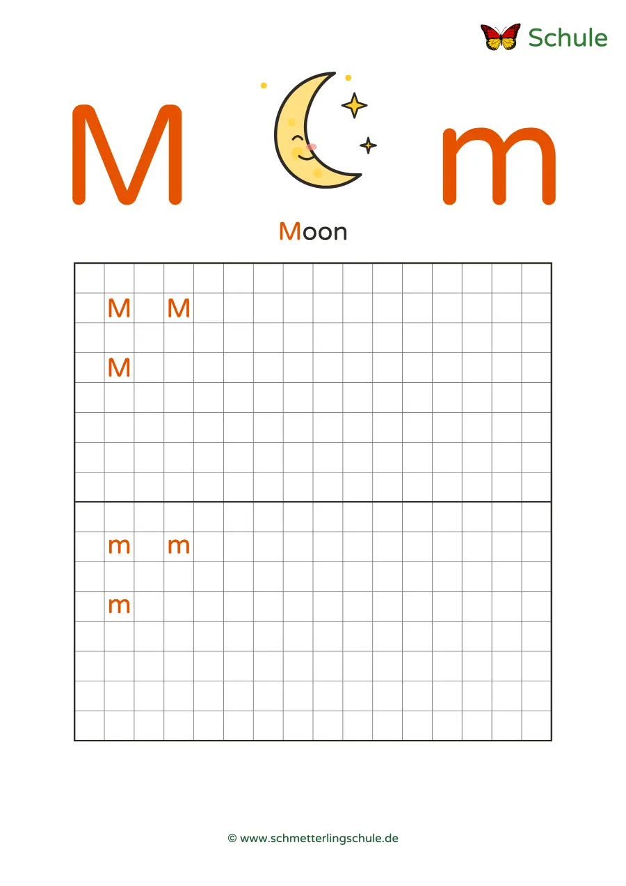 Worksheet “Letter Mm writing practice – Moon” – English, Grade 1
