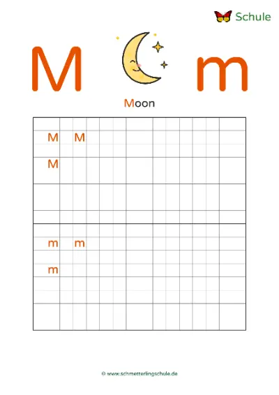 Worksheet “Letter Mm writing practice – Moon” – English, Grade 1