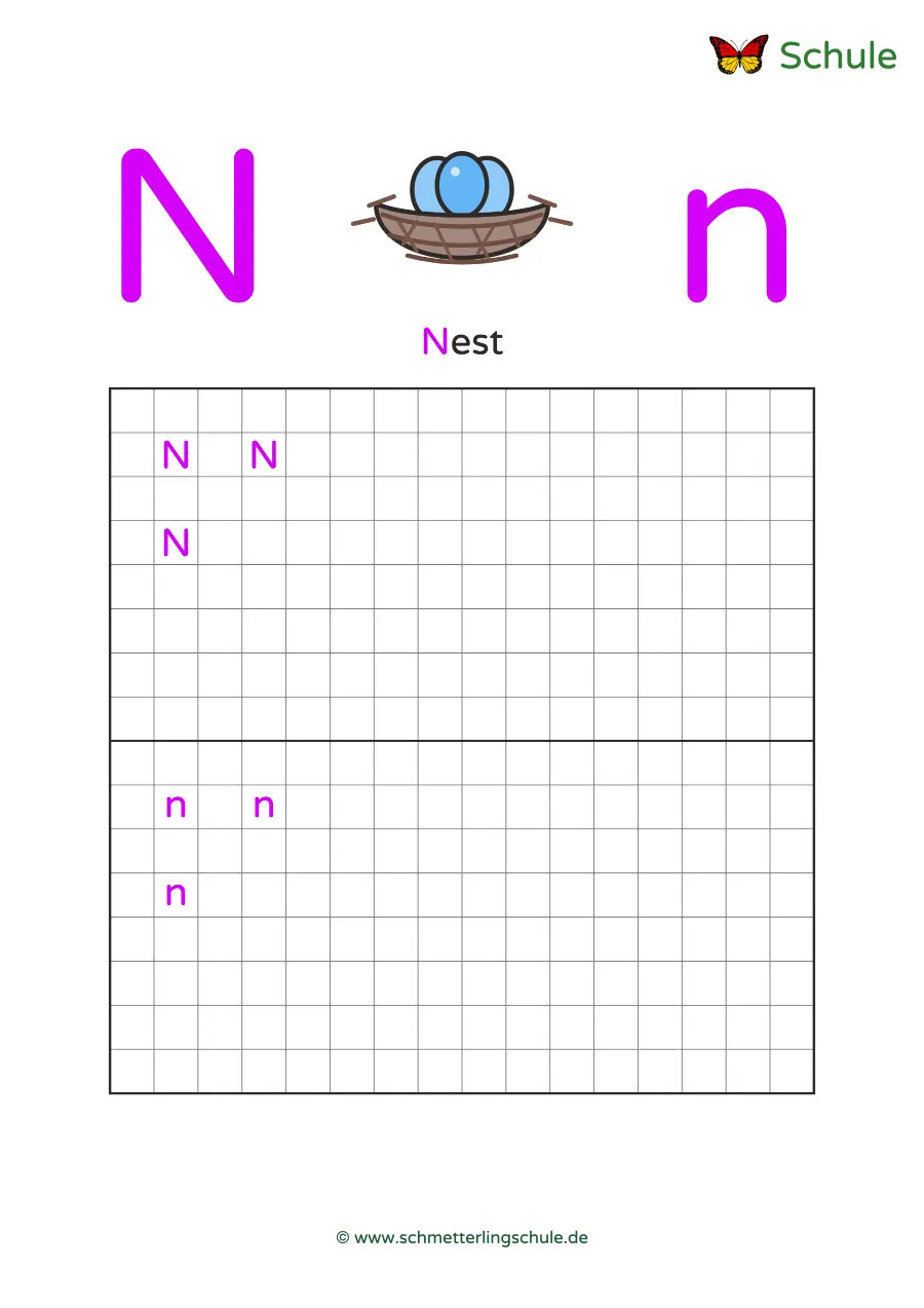 Worksheet “Letter Nn writing practice – Nest” – English, Grade 1