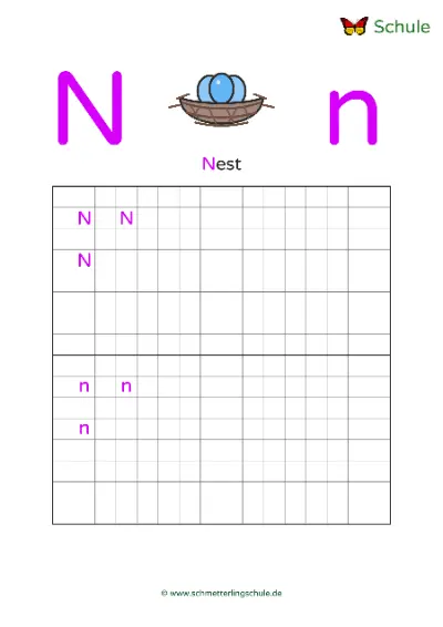 Worksheet “Letter Nn writing practice – Nest” – English, Grade 1