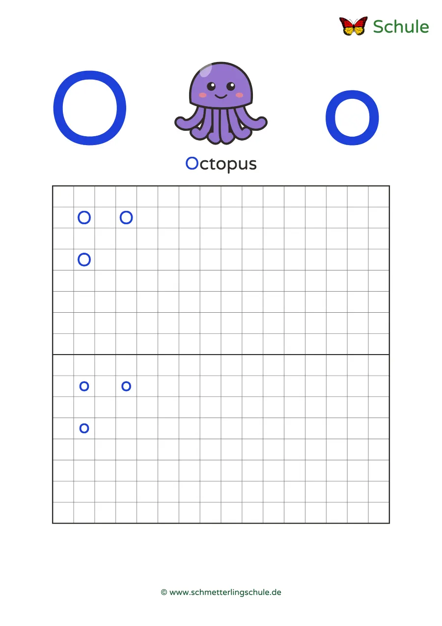 Worksheet “Letter Oo writing practice – Octopus” – English, Grade 1