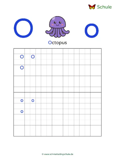 Worksheet “Letter Oo writing practice – Octopus” – English, Grade 1