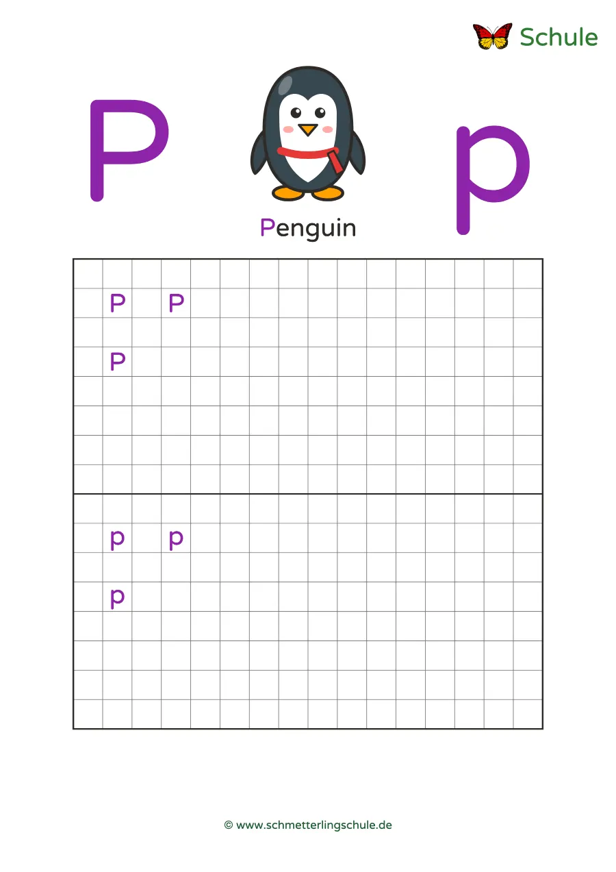 Worksheet “Letter Pp writing practice – Penguin” – English, Grade 1
