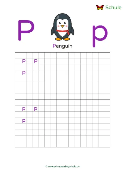 Worksheet “Letter Pp writing practice – Penguin” – English, Grade 1