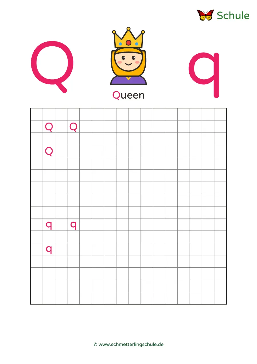 Worksheet “Letter Qq writing practice – Queen” – English, Grade 1