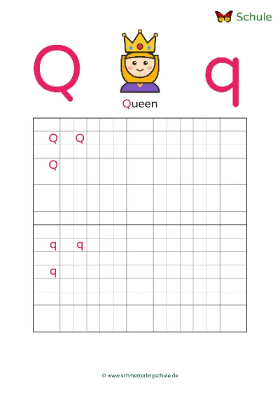 Worksheet “Letter Qq writing practice – Queen” – English, Grade 1