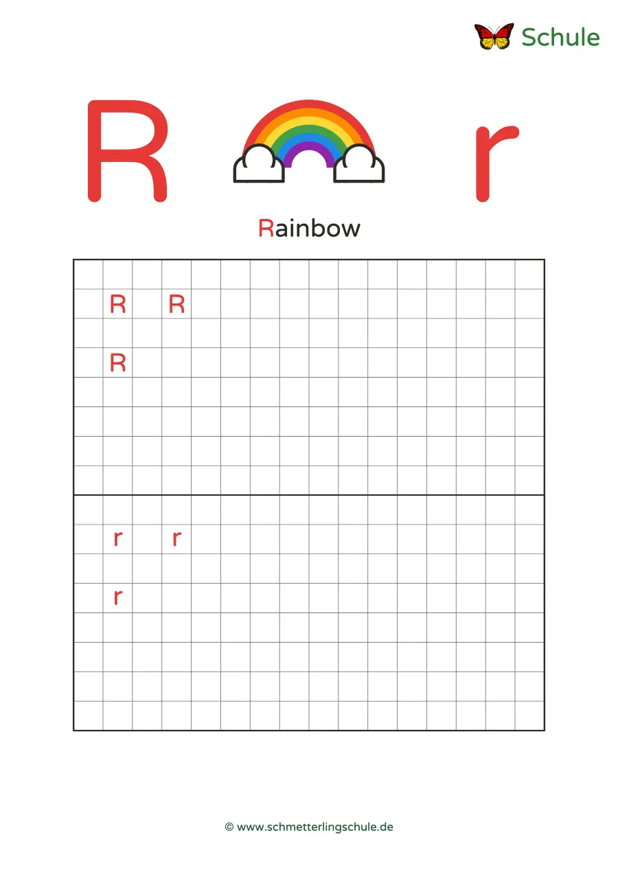 Worksheet “Letter Rr writing practice – Rainbow” – English, Grade 1