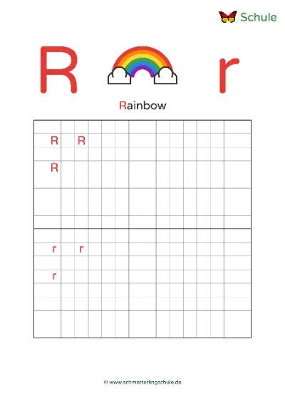 Worksheet “Letter Rr writing practice – Rainbow” – English, Grade 1