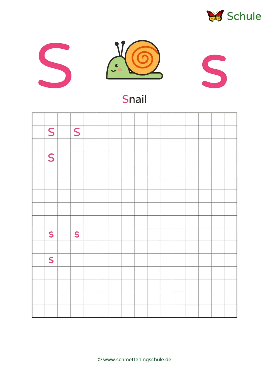 Worksheet “Letter Ss writing practice – Snail” – English, Grade 1
