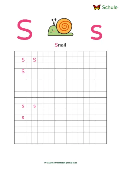 Worksheet “Letter Ss writing practice – Snail” – English, Grade 1