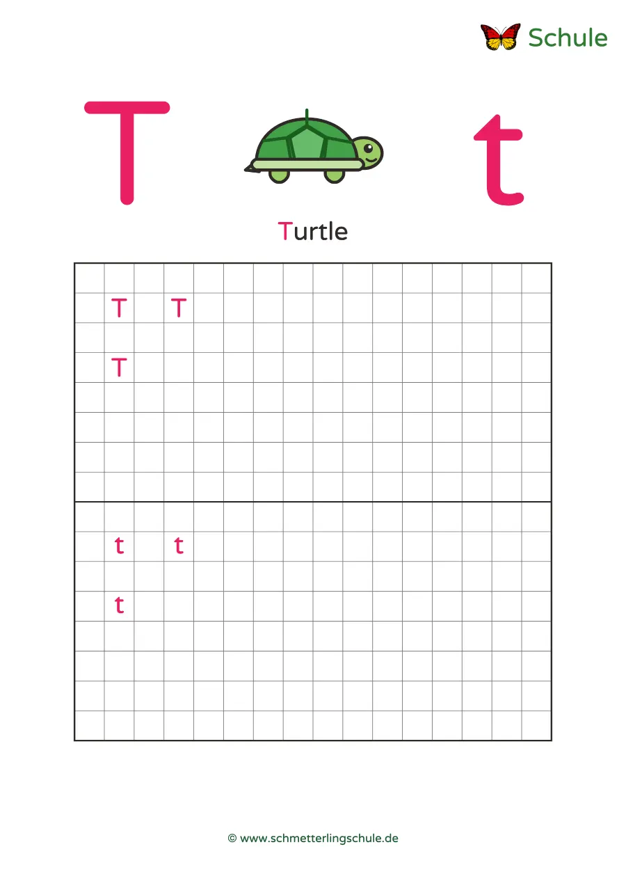 Worksheet “Letter Tt writing practice – Turtle” – English, Grade 1