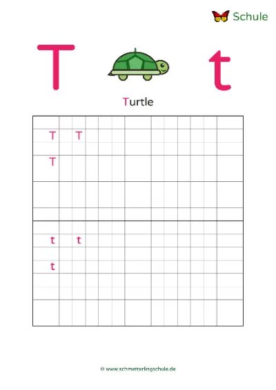 Worksheet “Letter Tt writing practice – Turtle” – English, Grade 1