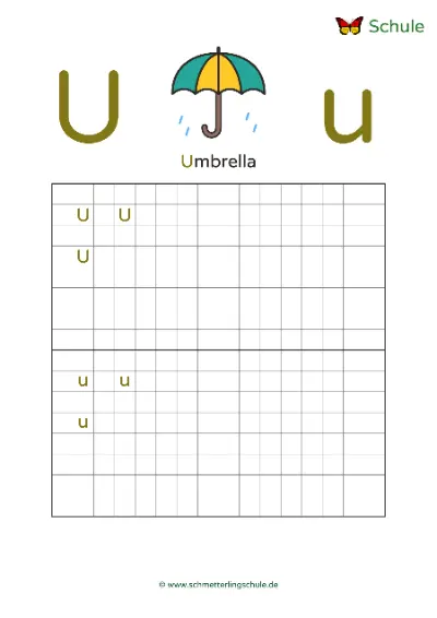 Worksheet “Letter Uu writing practice – Umbrella” – English, Grade 1