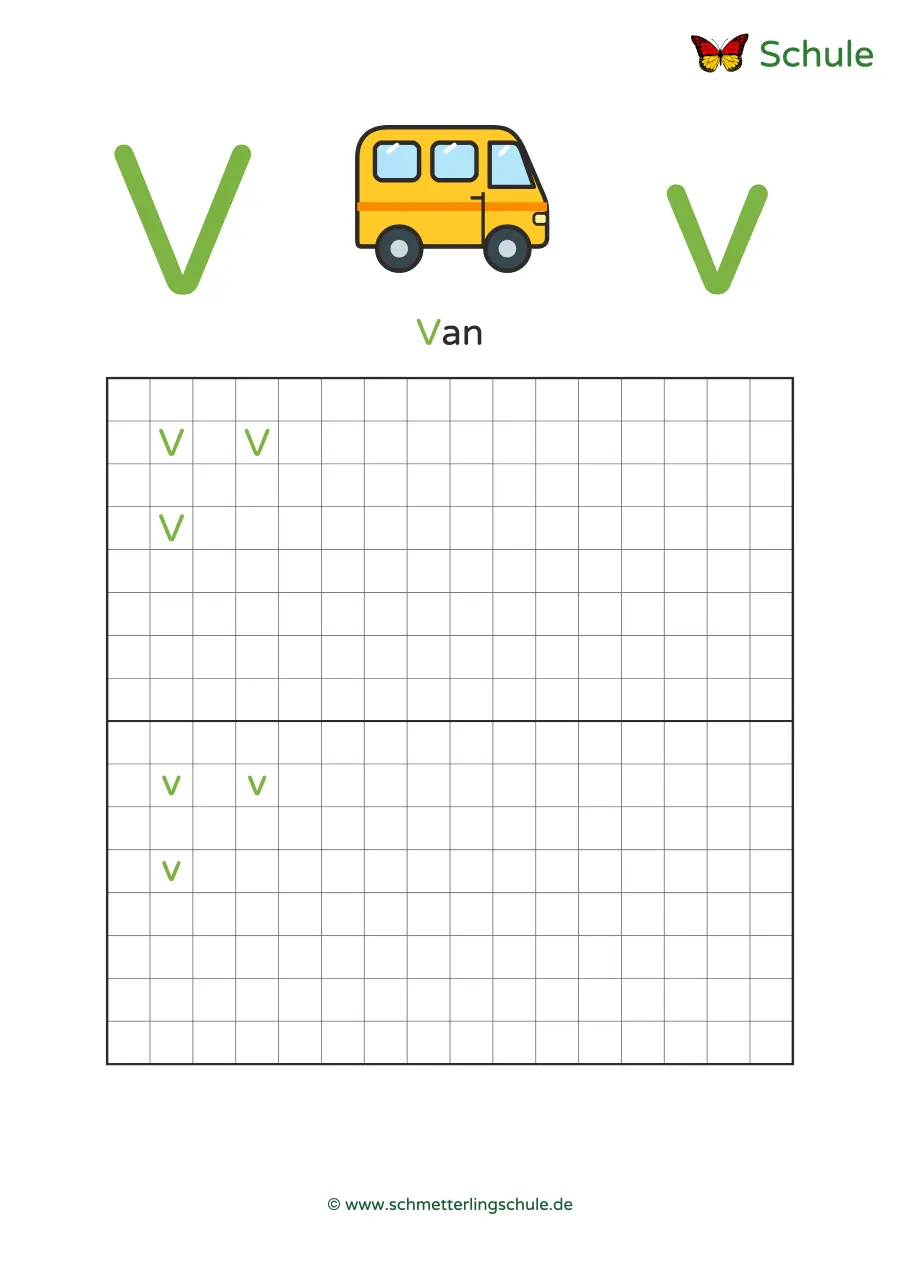 Worksheet “Letter Vv writing practice – Van” – English, Grade 1