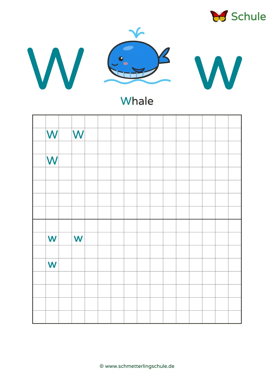 Worksheet “Letter Ww writing practice – Whale” – English, Grade 1