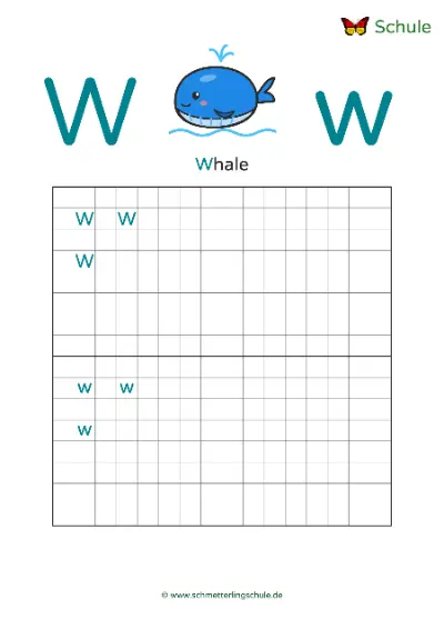 Worksheet “Letter Ww writing practice – Whale” – English, Grade 1