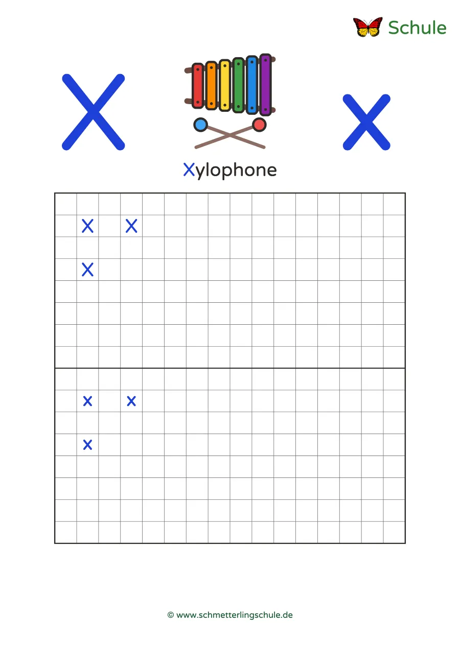 Worksheet “Letter Xx writing practice – Xylophone” – English, Grade 1