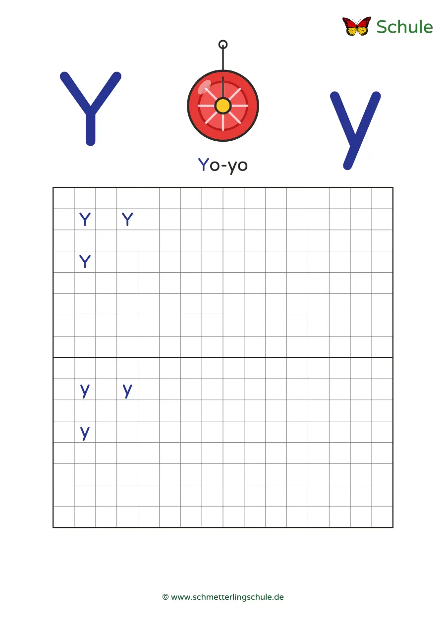 Worksheet “Letter Yy writing practice – Yo-yo” – English, Grade 1
