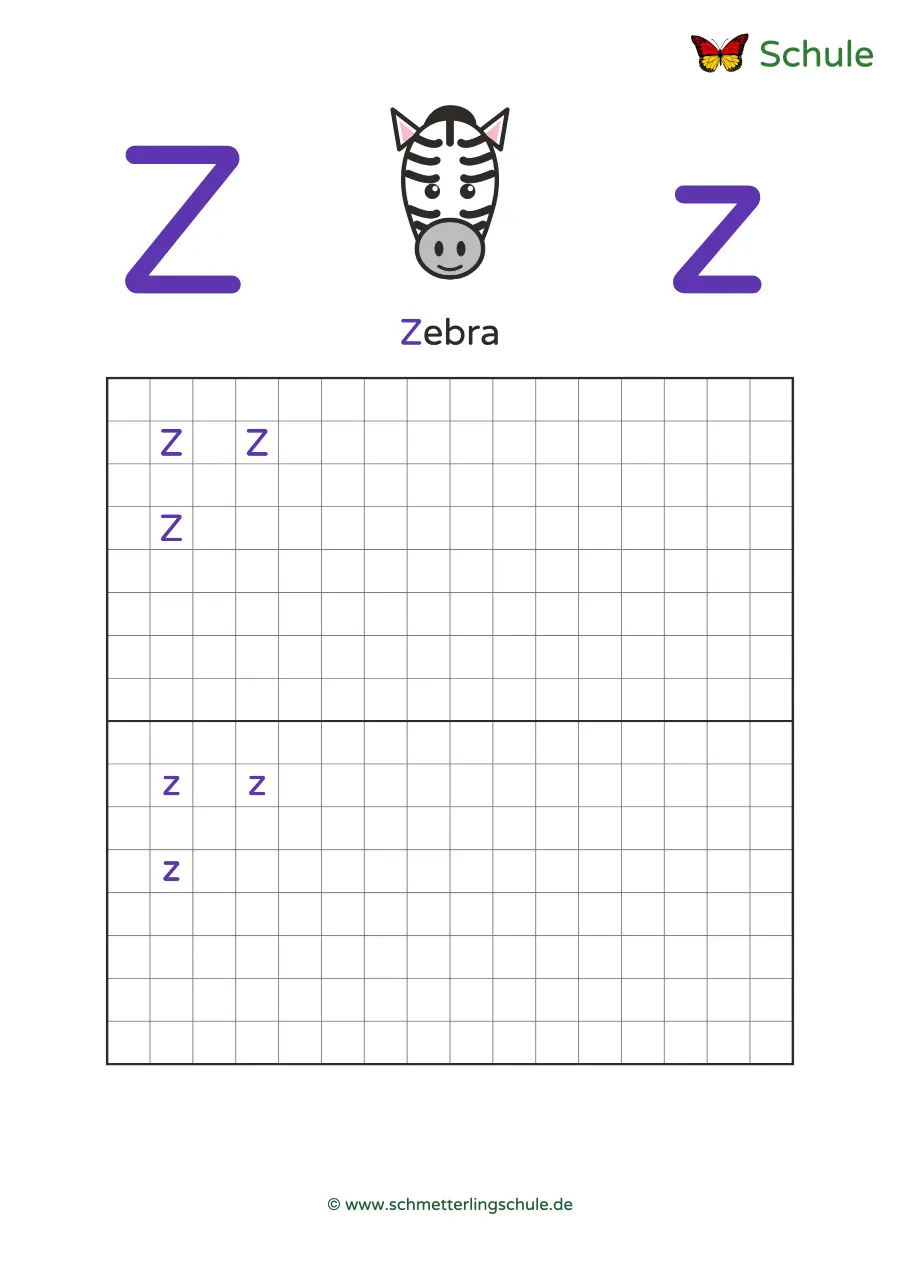 Worksheet “Letter Zz writing practice – Zebra” – English, Grade 1