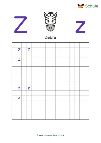 Worksheet “Letter Zz writing practice – Zebra” – English, Grade 1