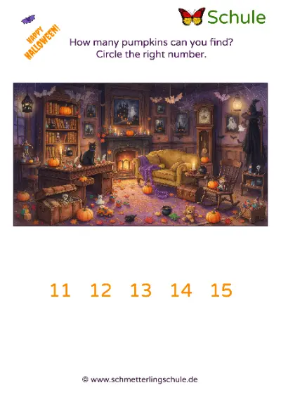 Worksheet “Hidden Picture: Count the Pumpkins up to 20 – Halloween” – Math, Grade 1