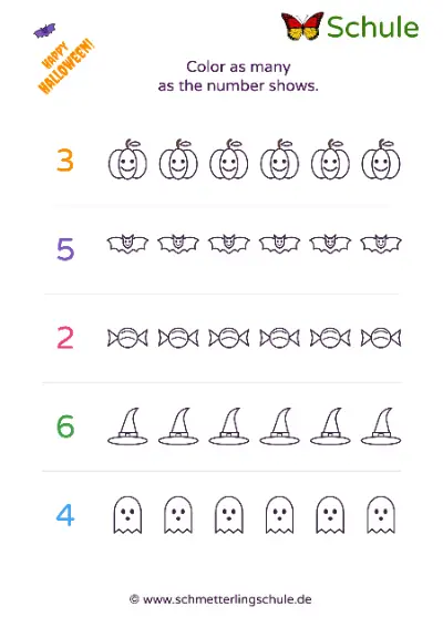 Worksheet “Color the Amount up to 6 – Halloween” – Math, Preschool
