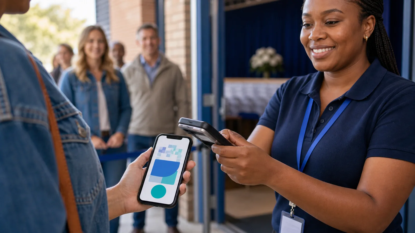 Event staff scanning a digital ticket at a school hall entrance