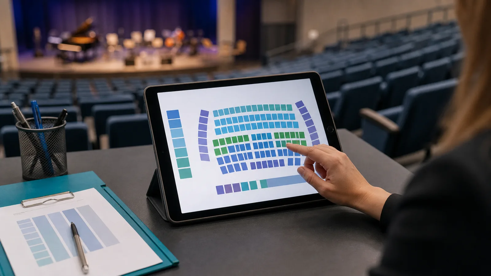 Tablet showing an allocated seating plan inside a school auditorium