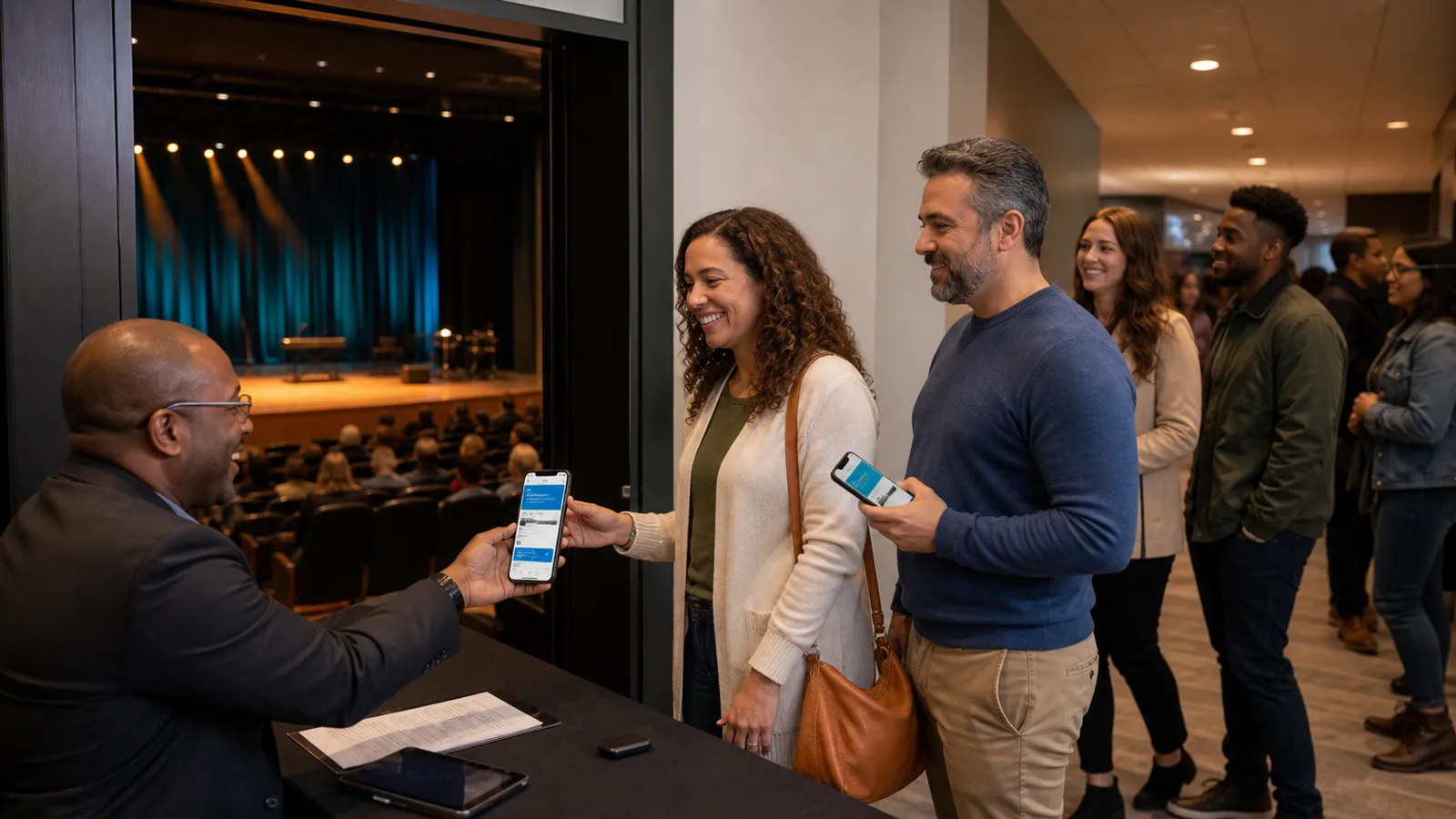 Parents checking in with digital tickets at a school concert entrance