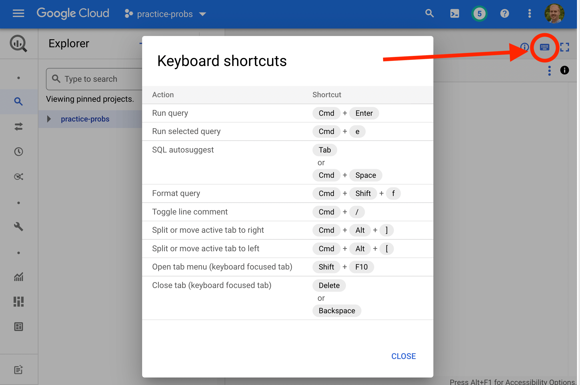 bigquery shortcuts