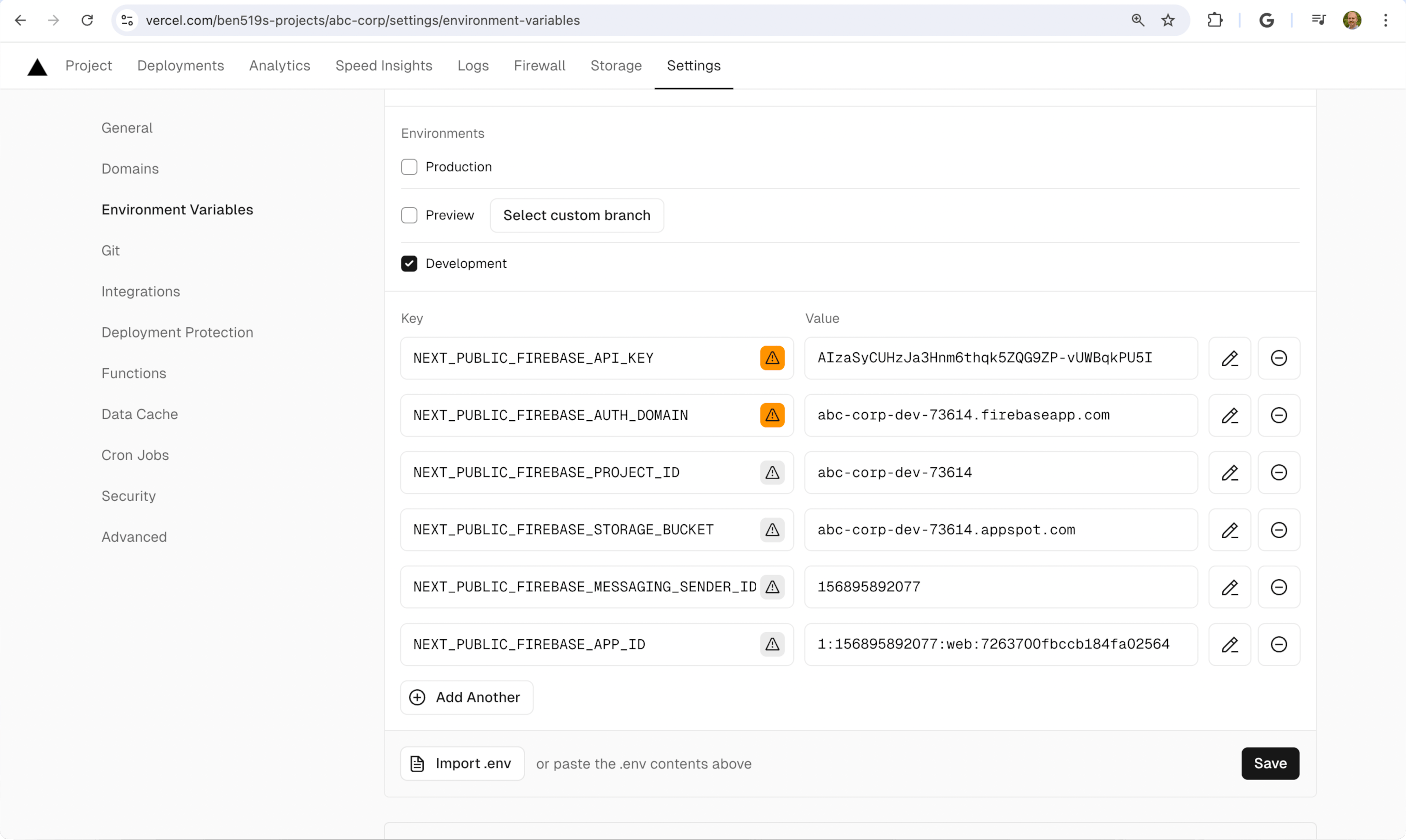 dev environ vars