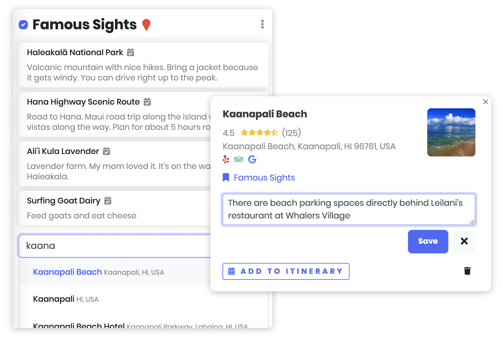 Screenshot of notes added to a place