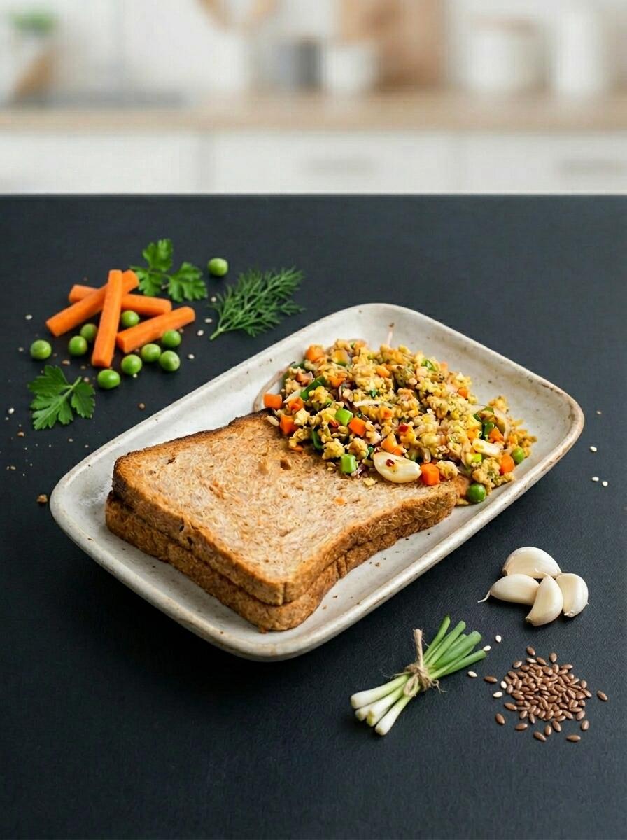 Vegetable scrambled eggs with bread
