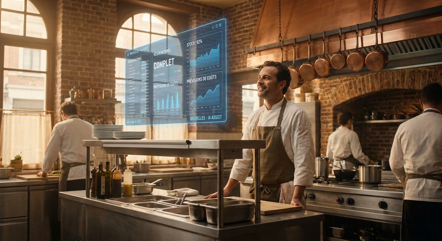 Gérant de restaurant belge utilisant des outils numériques pour le back-office piloté par l'IA