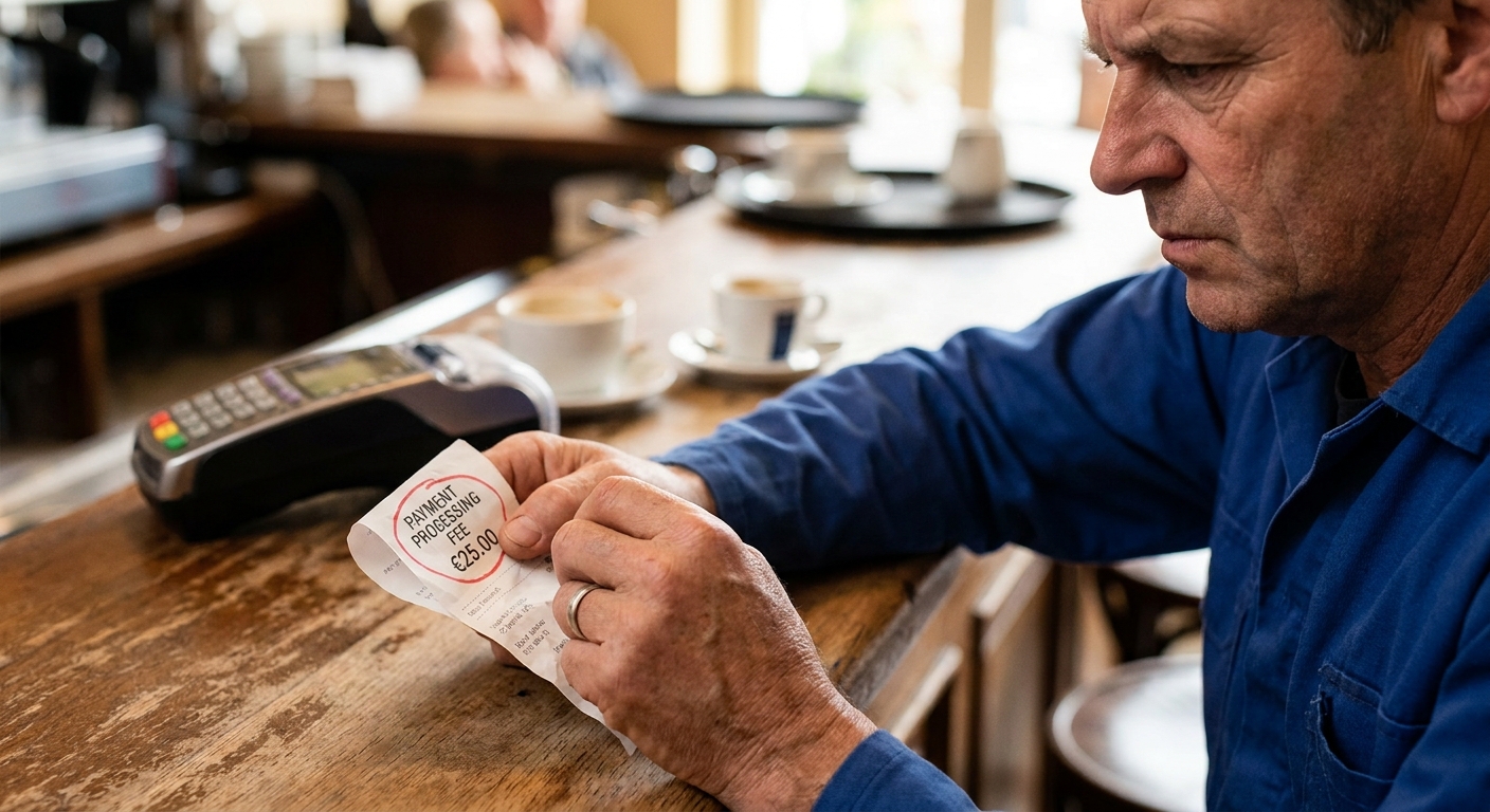 Belgische restaurateur bekijkt elektronische betalingskosten op een tablet achter de kassa