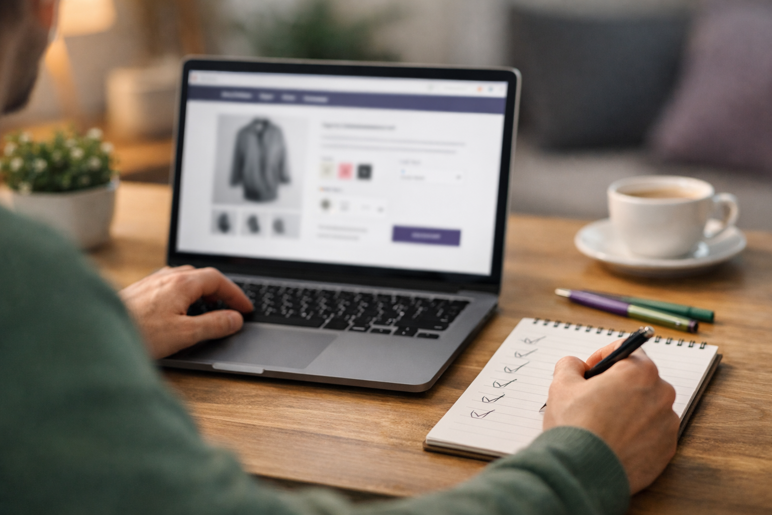 Person prüft am Laptop eine Checkliste neben einer Onlineshop-Produktseite