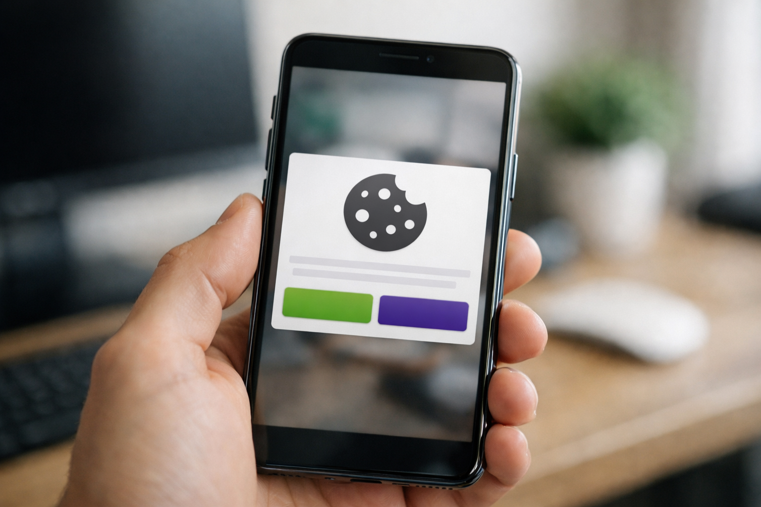 Smartphone zeigt einen Cookie-Consent-Banner mit zwei gleichwertigen Auswahlmöglichkeiten