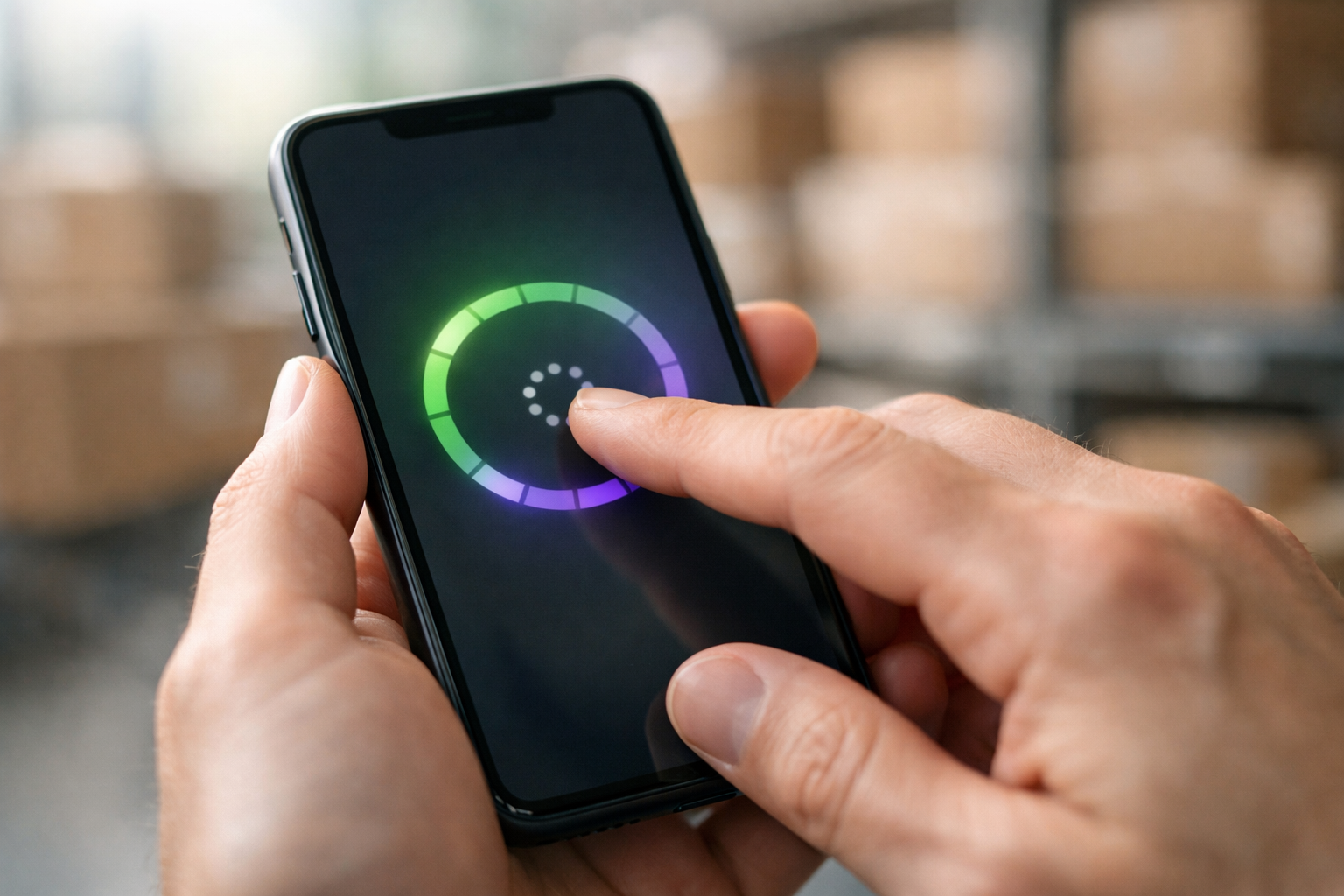 Hand tippt auf Smartphone während eines Checkout-Vorgangs