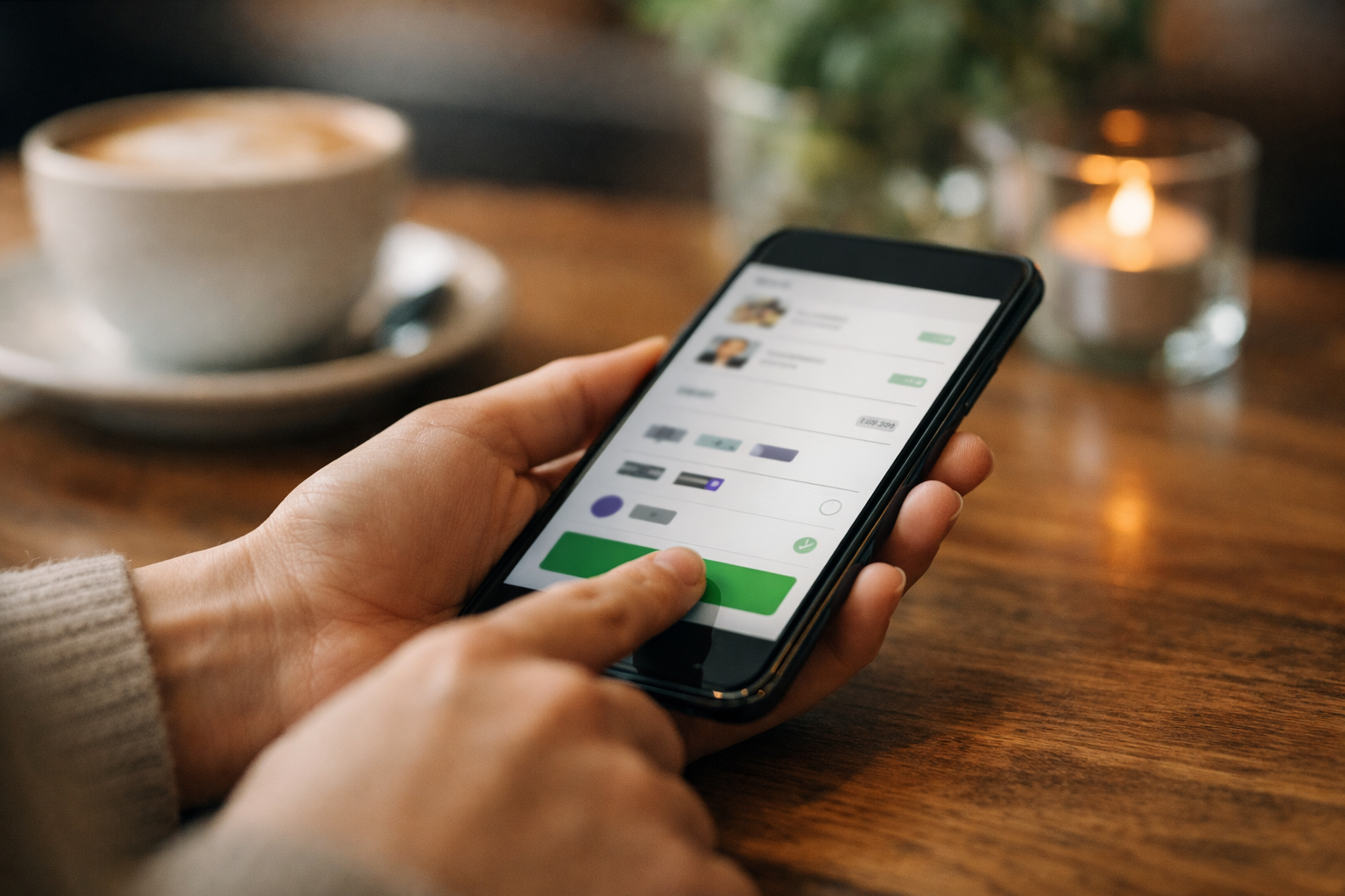 Person schließt Bestellung im Online-Shop auf dem Smartphone ab