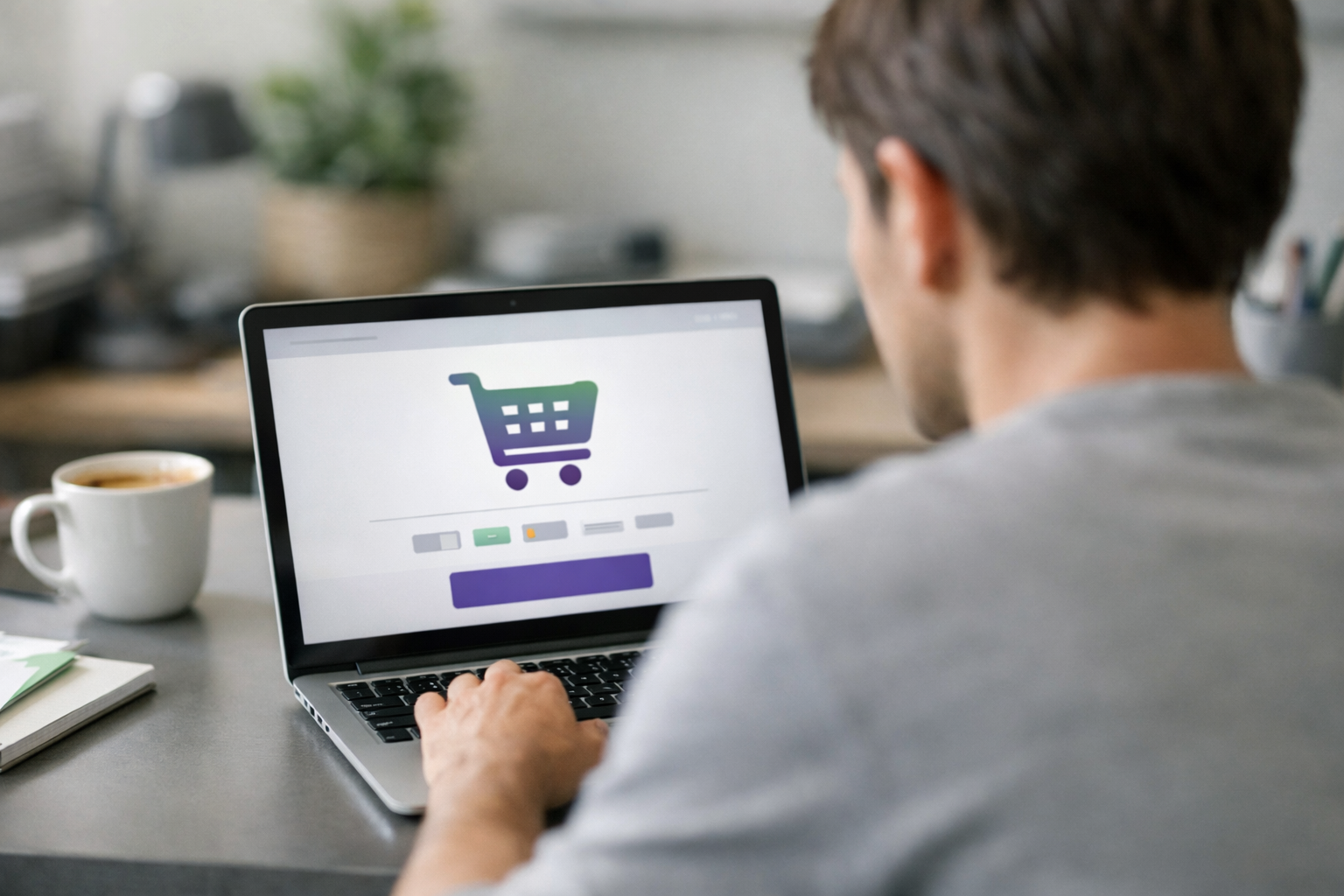 Person analysiert Checkout-Prozess eines Onlineshops am Laptop