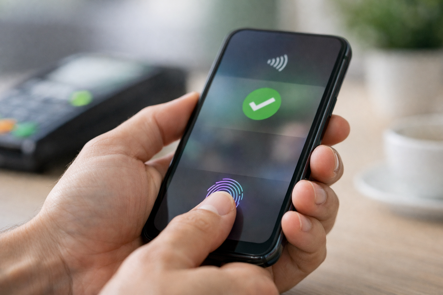 Hand bestätigt mobile Zahlung per Fingerabdruck auf Smartphone