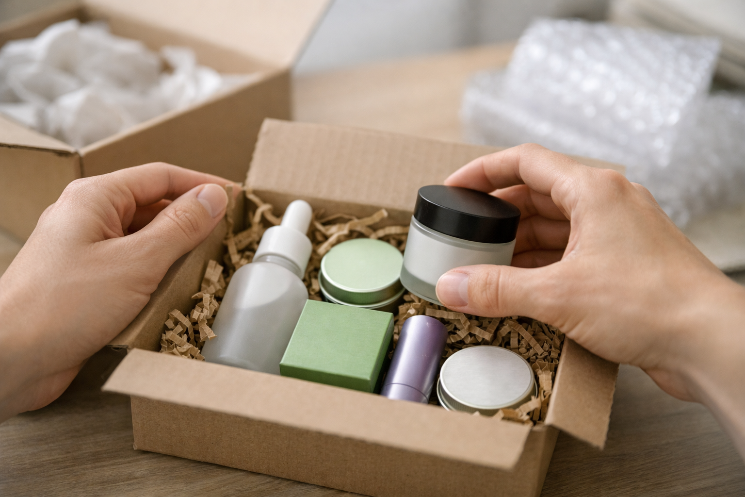 Hände packen mehrere Produkte in einen Versandkarton