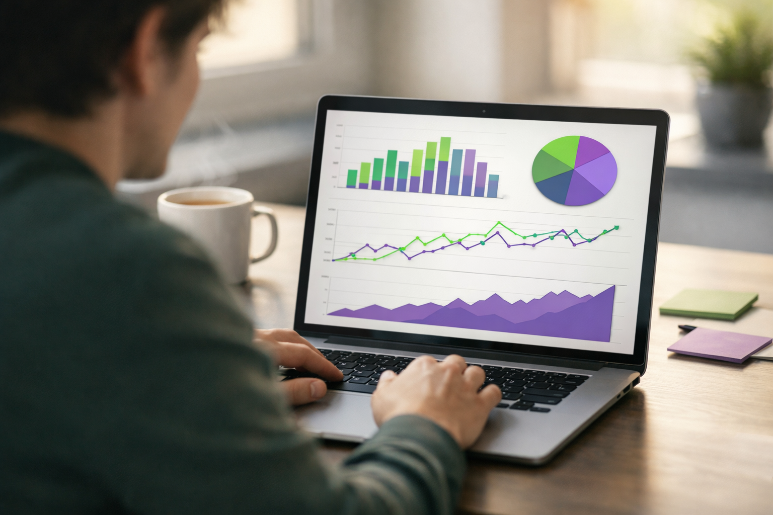 Person analysiert Verkaufsdaten am Laptop im Büro