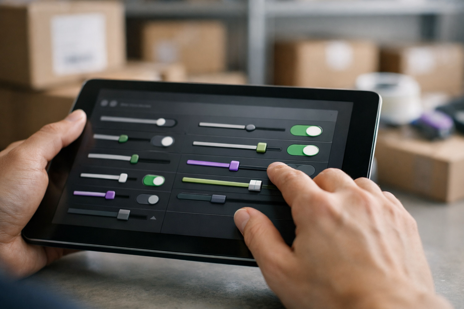 Hände stellen Automatisierungsregler auf einem Tablet ein