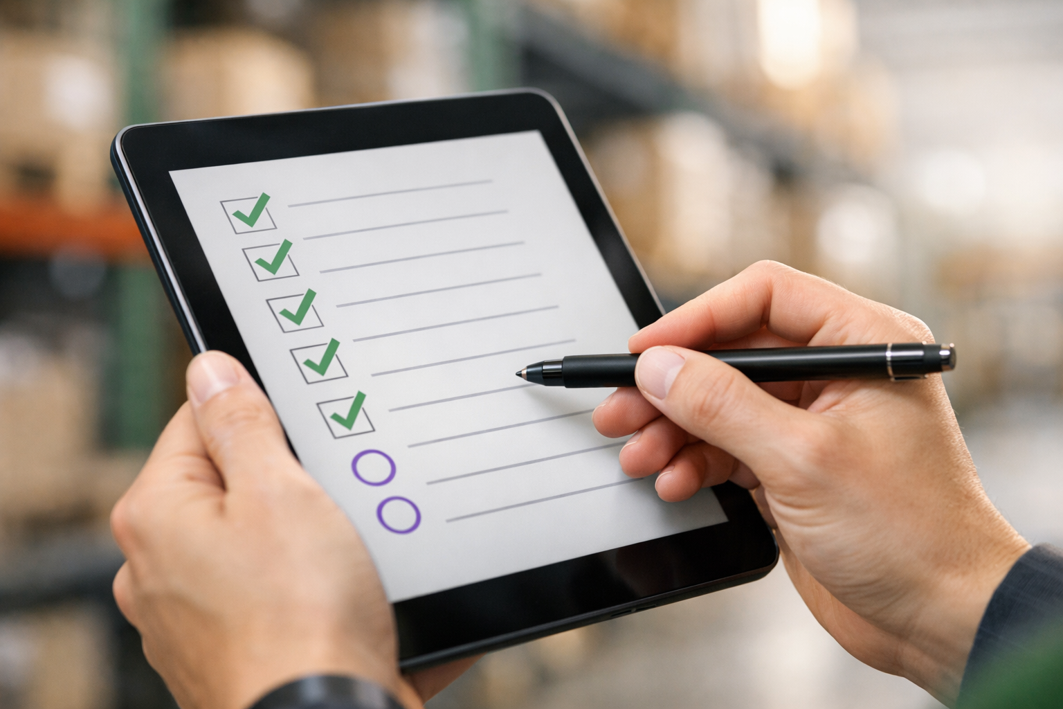 Hände markieren Punkte auf einer digitalen Checkliste im Lager
