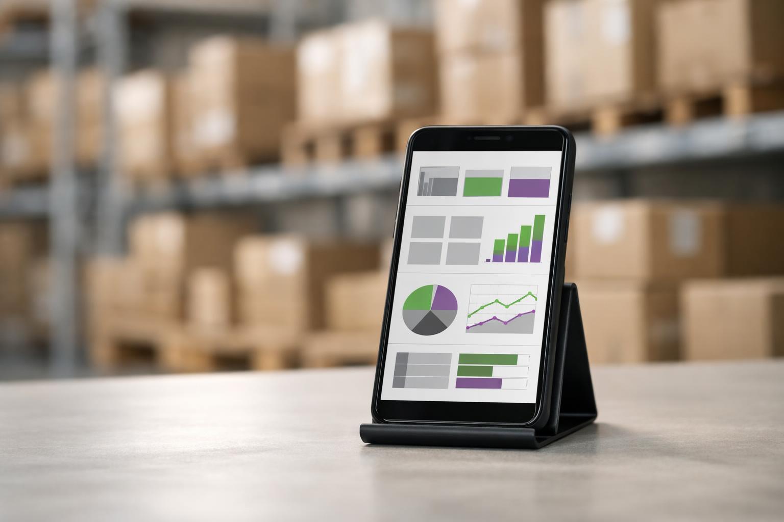 Hände halten Smartphone mit Verkaufsstatistiken vor einem Lager