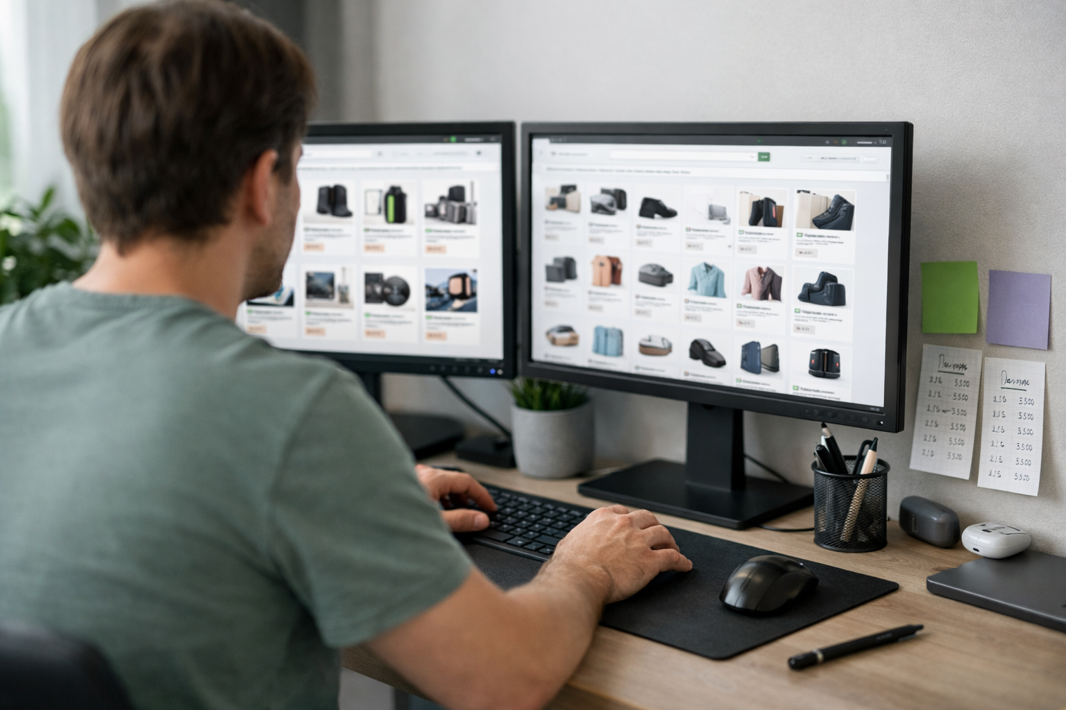Schreibtisch mit zwei Monitoren und geöffneten Onlineshop-Vergleichsseiten