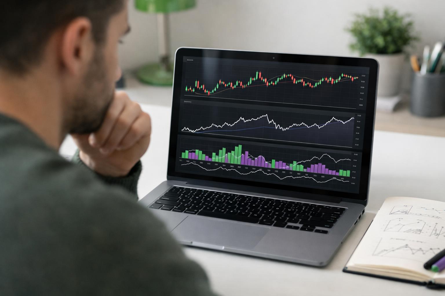 Person betrachtet Preis- und Trenddiagramme auf einem Laptop