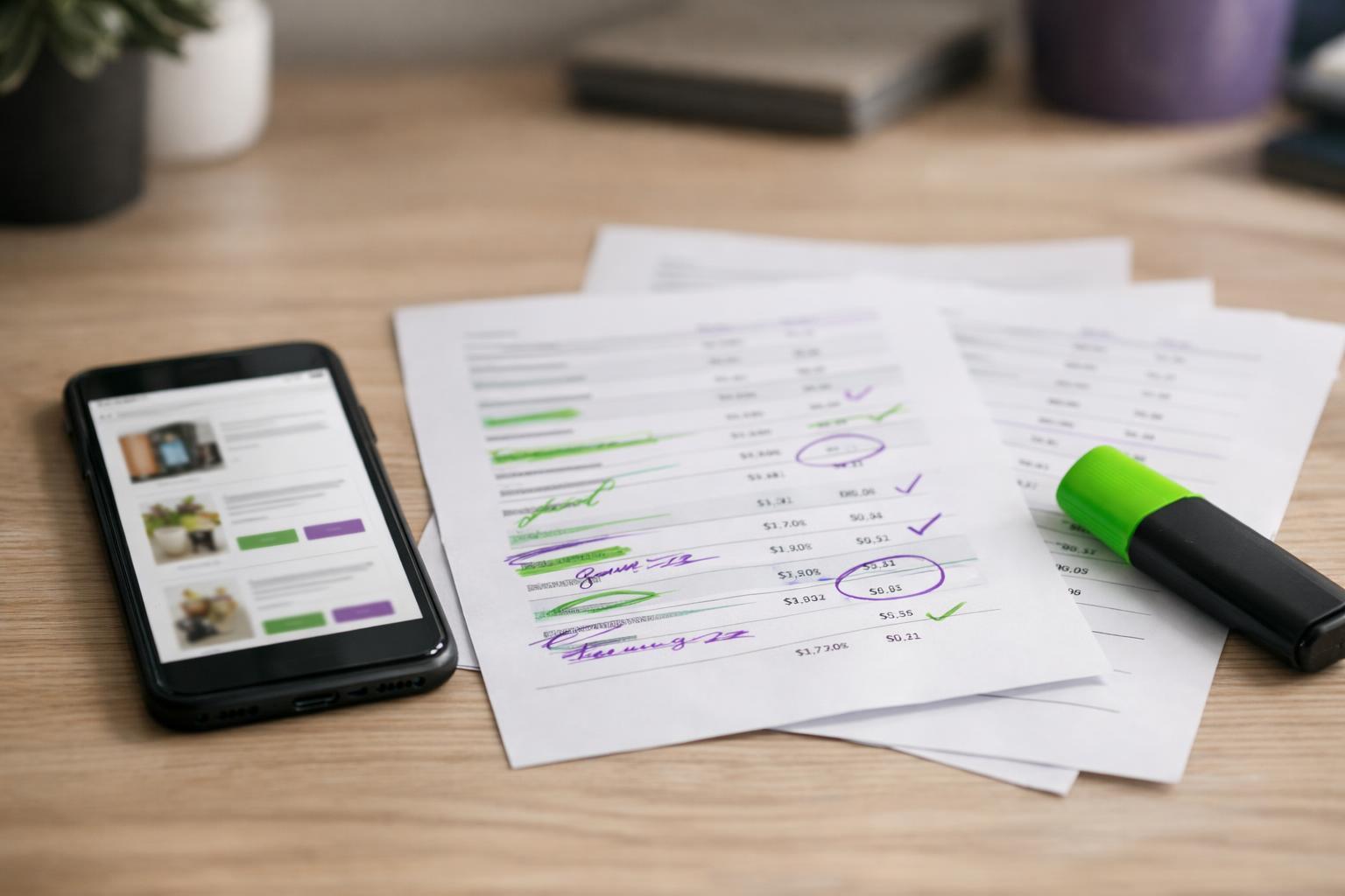 Smartphone mit Onlineshop-Seite neben ausgedruckten Preislisten und Notizen