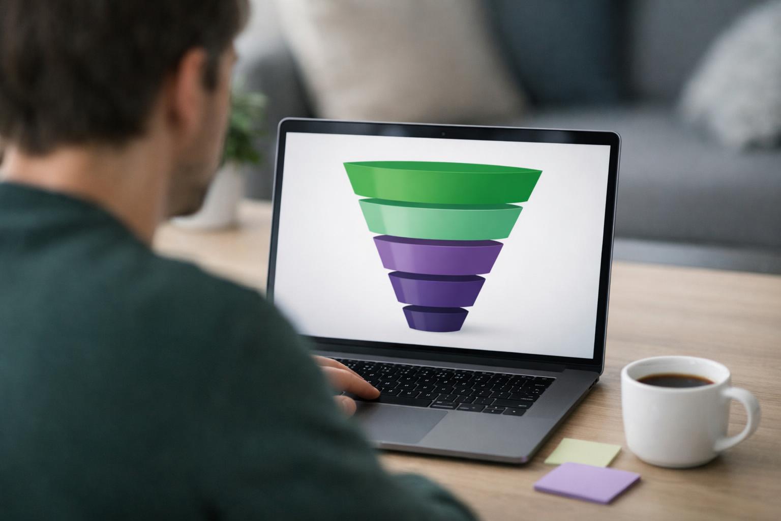 Person betrachtet ein Trichterdiagramm mit mehreren Stufen am Laptop